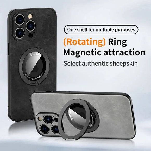 PU Leather Rotating Ring Magnetic Wireless Charging Shockproof Case For iPhone 15 14 13 12 series