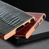 Cowhide Leather Glossy Frame Armor Case for Samsung Galaxy S23 S22 Ultra Plus