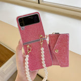 Glitter Pearl Bracelet Chain Cards Slot Wallet Case for Samsung Galaxy Z Flip 4 3