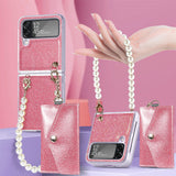 Glitter Pearl Bracelet Chain Cards Slot Wallet Case for Samsung Galaxy Z Flip 4 3