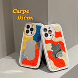 Mirror Cute Love Heart Embroidery Flower Fluffy Soft Case for iPhone 14 13 12 series