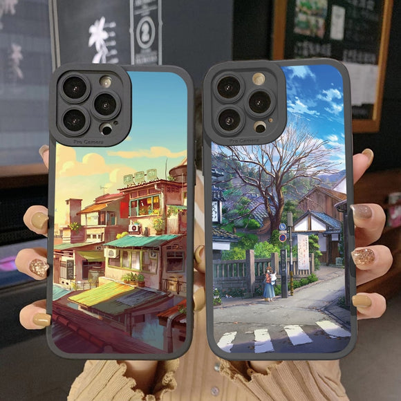 Japanese Anime Street View Scenery Soft Case for iPhone 14 13 12 series