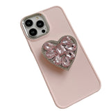 Cute Pink White Soft Case With Jewelled Heart Bracket For iPhone 14 13 12 series