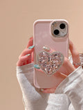 Cute Pink White Soft Case With Jewelled Heart Bracket For iPhone 14 13 12 series
