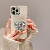 Cute Pink White Soft Case With Jewelled Heart Bracket For iPhone 14 13 12 series