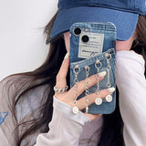 Denim Blue Letter Tassel Pendant Shockproof Girl Soft Silicone Case For iPhone 14 13 12 series