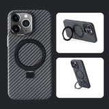 Luxury Carbon Fiber Texture Bracket Ring Magnetic Stand Magsafe Wireless Charging Case For iPhone 14 13 series