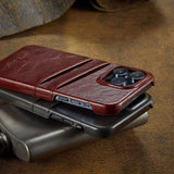 Glossy Oil Wax Leather Dual Card Slot Holder Case for iPhone 14 13 12 series