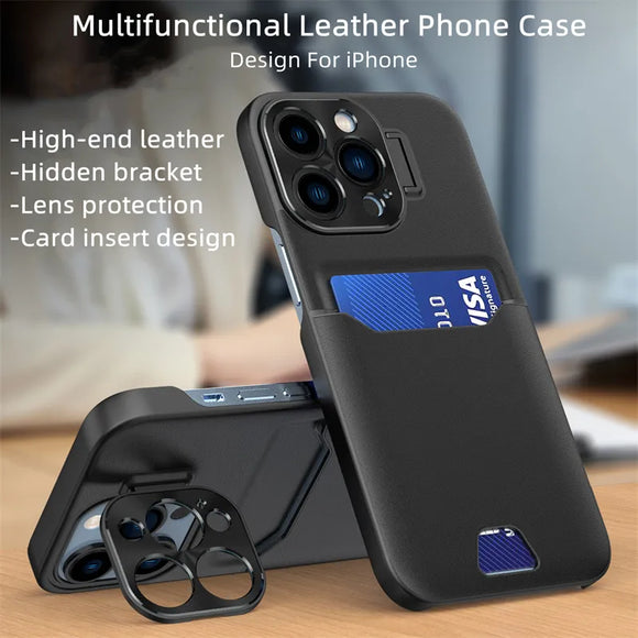 Luxury Leather Card Holder Slot Invisible Bracket Case With Metal Lens Protect For iPhone 15 14 13 series
