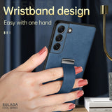 Luxury Leather Case With Portable Wristband Hand Strap Kickstand Metal Ring For Samsung Galaxy S23 S22 Ultra Plus