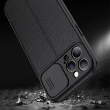 Luxury Leather Case with Slide Camera Lens Protection for iPhone 14 13 12 series
