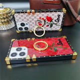 Luxury Mirror Face Plaid Red Rose Flower Case For iPhone 14 13 12 series
