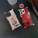 Luxury Mirror Face Plaid Red Rose Flower Case For iPhone 14 13 12 series