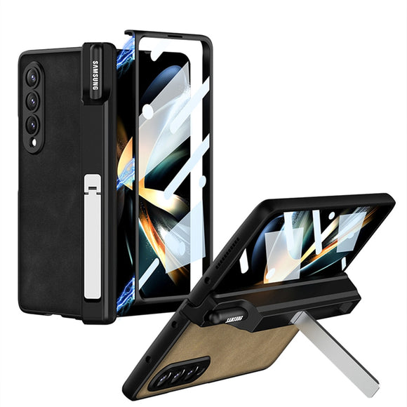Magnetic Hinge Pen Holder Bracket PU Leather Case With Glass Film For Samsung Galaxy Z Fold 4