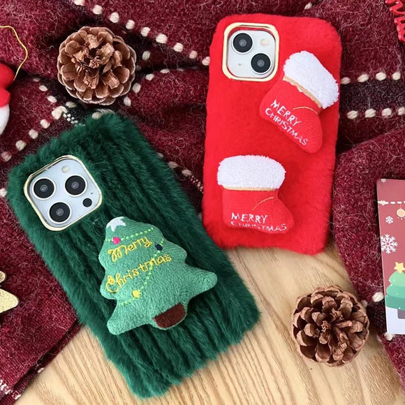 Merry Christmas Cute Warm Furry Christmas Tree Socks Pattern Case For iPhone 15 14 13 12 series