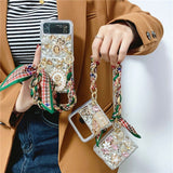 Scarf Lanyard Bling Diamond Flowers Case For Samsung Galaxy Z Flip 4 3 2 series