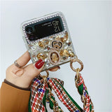 Scarf Lanyard Bling Diamond Flowers Case For Samsung Galaxy Z Flip 4 3 2 series