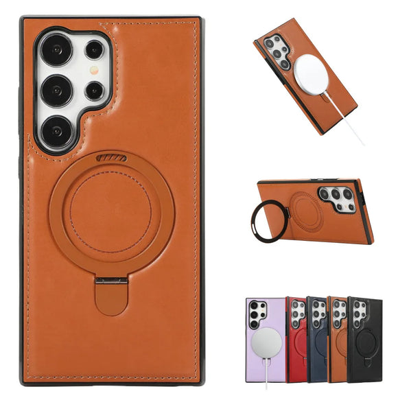 PU Leather Magnetic MagSafe Case with Ring Stand For Samsung Galaxy S24 S23 S22 Ultra Plus