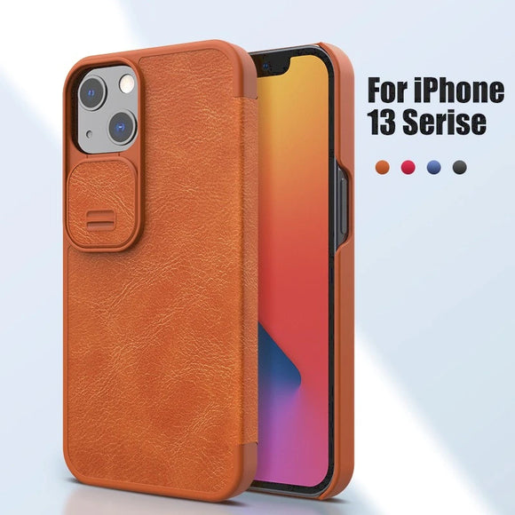 Slide Camera Lens Protector Vintage Qin Flip Wallet PU Leather Case For iPhone 13 Series