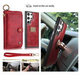 Cards Slot Leather Zipper Wallet Case With Wristband Ring Holder For Samsung S23 S22 S21 Ultra Plus