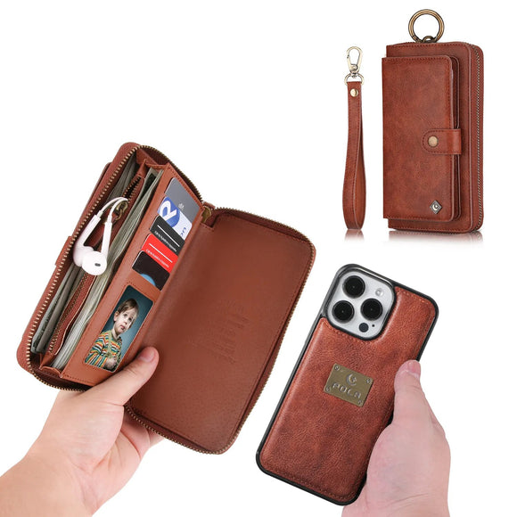 Zipper Cards Slot Business Leather Wallet Case With Ring Holder And Wristband For iPhone 15 14 13 12 series