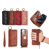 Zipper Cards Slot Business Leather Wallet Case With Ring Holder And Wristband For iPhone 15 14 13 12 series