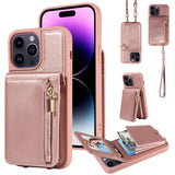 Zipper Leather Wallet Card Slots Case With Crossbody Lanyard Strap For iPhone 15 14 13 12 series