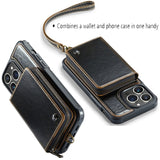 Zipper Wallet Flip Leather Case with Wrist Strap for iPhone 14 13 12 Series