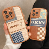 Winter Cartoon Splice Lattice Smiley Soft Leather Case For iPhone 13 12 11 Series