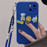 Cute Cartoon Bear Bracelet Blue Phone Case with Wristchain For iPhone 13 12 11 Series