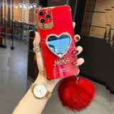 Plating Love Heart Mirror Fur Ball Glitter Case for iPhone 13 12 11 Pro Max