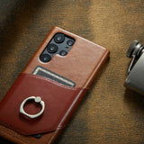 Top Grade Leather Card Slot Back Case with Finger Ring Kickstand Stand for Samsung Galaxy S22 S21 S20 Ultra Plus