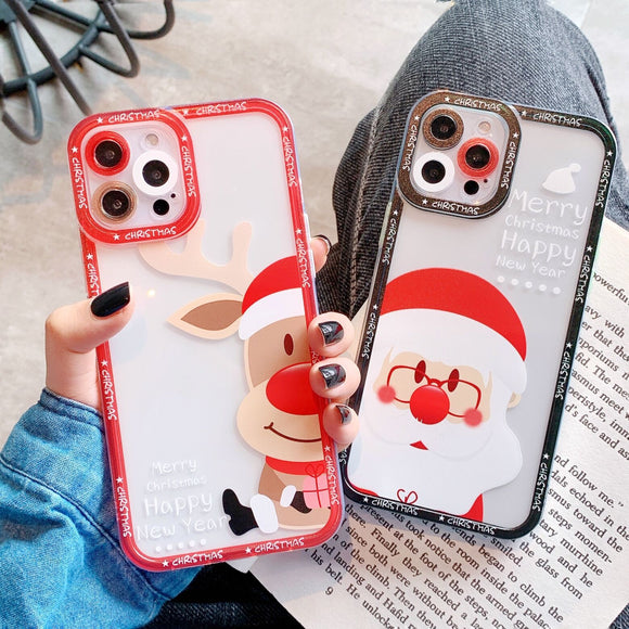 Merry Christmas Cute Cartoon Elk Santa Claus Transparent Soft Case for iPhone 13 12 11 Series