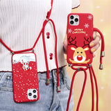 Soft TPU Christmas Deer Case with Necklace Lanyard Rope For iPhone 13 12 11 Series