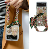 Scarf Lanyard Bling Diamond Flowers Case For Samsung Galaxy Z Flip 4 3 2 series