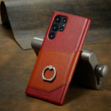 Top Grade Leather Card Slot Back Case with Finger Ring Kickstand Stand for Samsung Galaxy S22 S21 S20 Ultra Plus