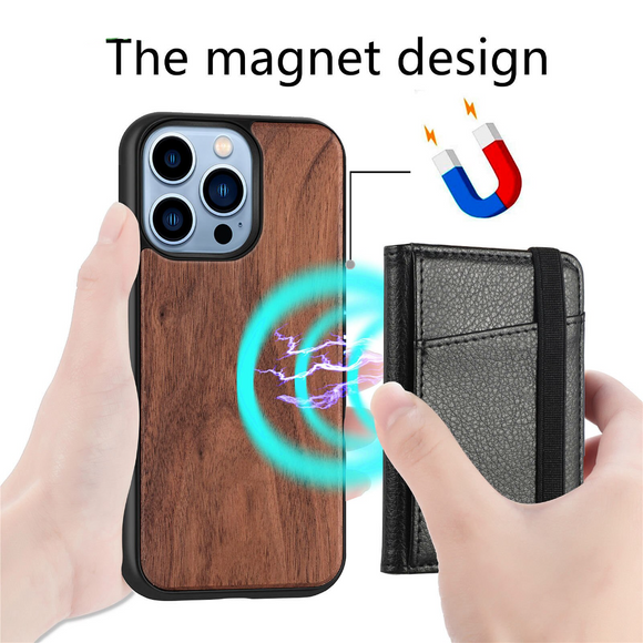 Magsafe Magnetic Card Holder Wallet Solid Wood Case for Iphone 14 13 12 series