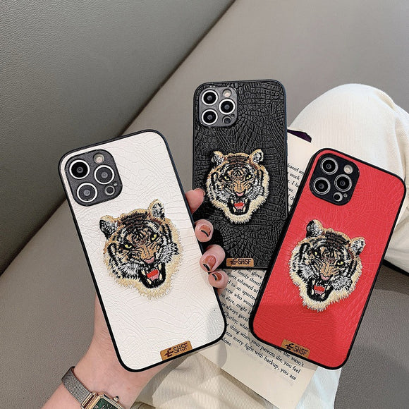 3D Embroidery Tiger Head Aesthetic Leather Texture Case for iPhone 13 12 11 Pro Max