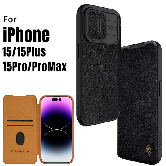Slide Camera Protection Card Slot Leather Case Case for iPhone 15 Series