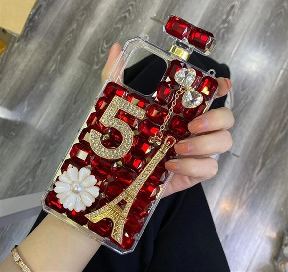 Luxury 3D Eiffel Tower Perfume Bottle Glitter Bling with Chain Cases for iPhone 13 12 11 Pro Max Mini