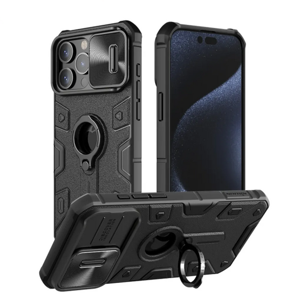 CamShield Armor Case With Slide Camera Protection And Ring Stand Holder For iPhone 15 series