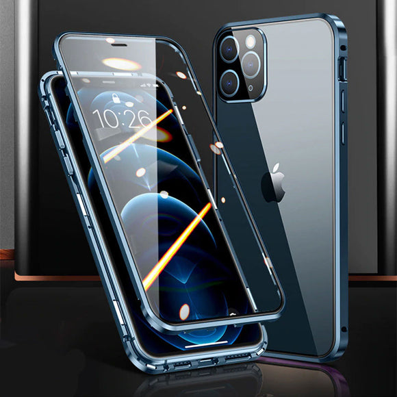 Double Sided Glass Magnetic Metal Phone Case With Camera Lens Protection for iPhone 12 11 Pro Max