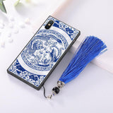 Blue-White Porcelain Tempered Glass Cover Phone With Strap for iPhone X XS 8 7 Plus 6 6s