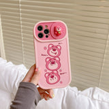 Stacked Strawberry Pink Bear Panda with Sliding Camera Lens Protection Case For iPhone 14 13 12 series
