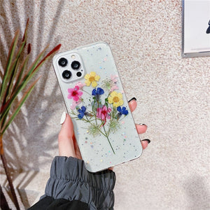 Real Color Flower Clear Glitter Soft Silicone Case For iPhone 13 12 11 Series