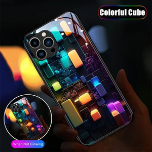 Colorful Cube LED Light Glowing Luminous Tempered Glass Case for iPhone 15 14 13 12 series