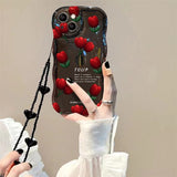 Cute Wave Rose Flower Love Heart Soft Case With Hang Chain For iPhone 14 13 12 series