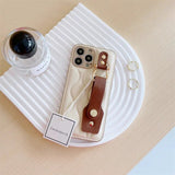 Luxury White Brown Minimalism Soft Leather Case With Wristband iPhone 15 14 13 12 series