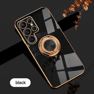 Plating Gold Frame Car Magnetic Holder Ring Soft Silicone Shockproof Case For Samsung Galaxy S22 Ultra S22 Plus