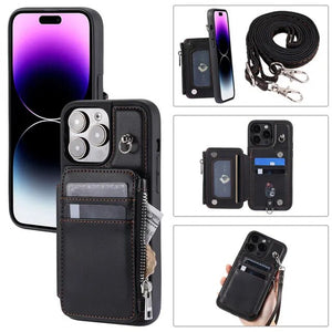 Crossbody Lanyard Flip Leather Zipper Wallet Card Slots Case For iPhone 15 14 13 12 series